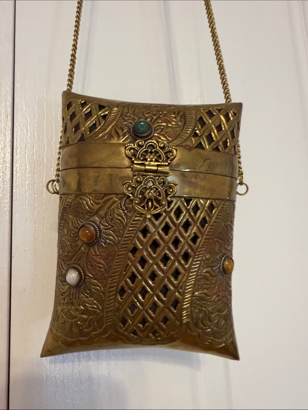 Source Unknown Brass-Tone Ornate Crossbody Bag with Multicolor Stone Accents